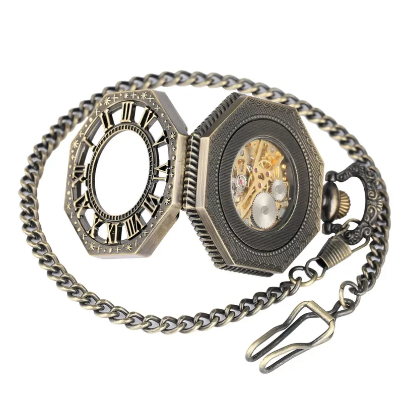 Bronze Hollow Octagon Design Men Women Skeleton Handwinding Mechanical Pocket Watch Roman Number Clock Pendant Chain Gift