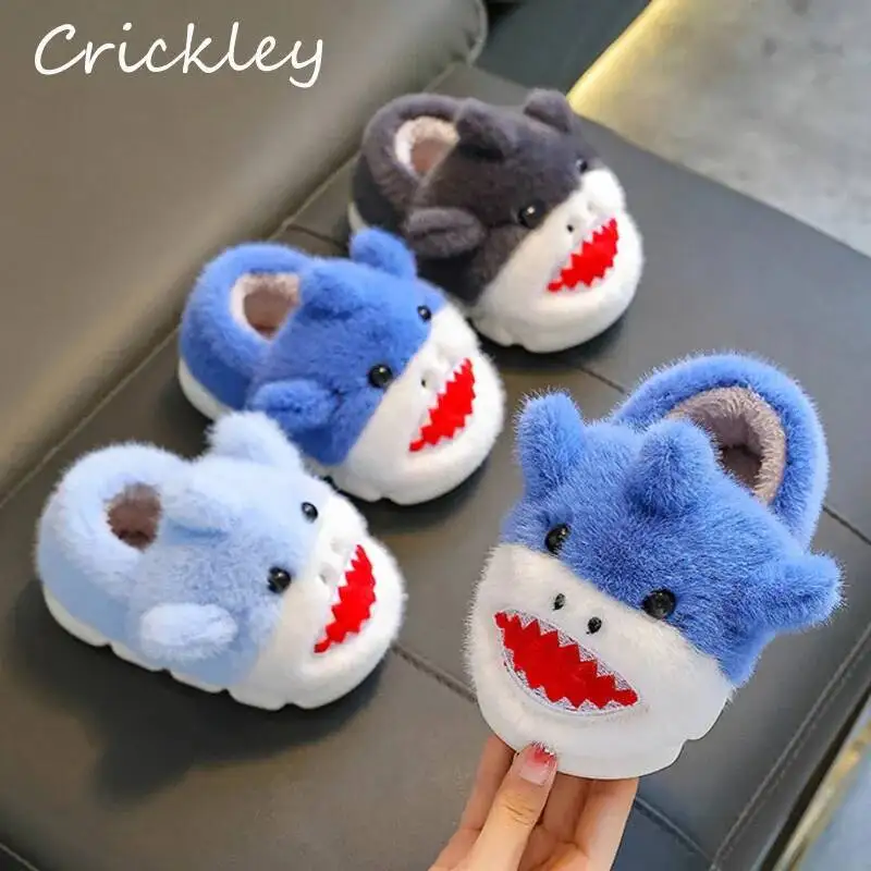 

Shark Cartoon Children Winter Shoes Plush Warm Boys Girls Cotton Slippers Indoor Soft Bottom Heel Kids Family Slippers