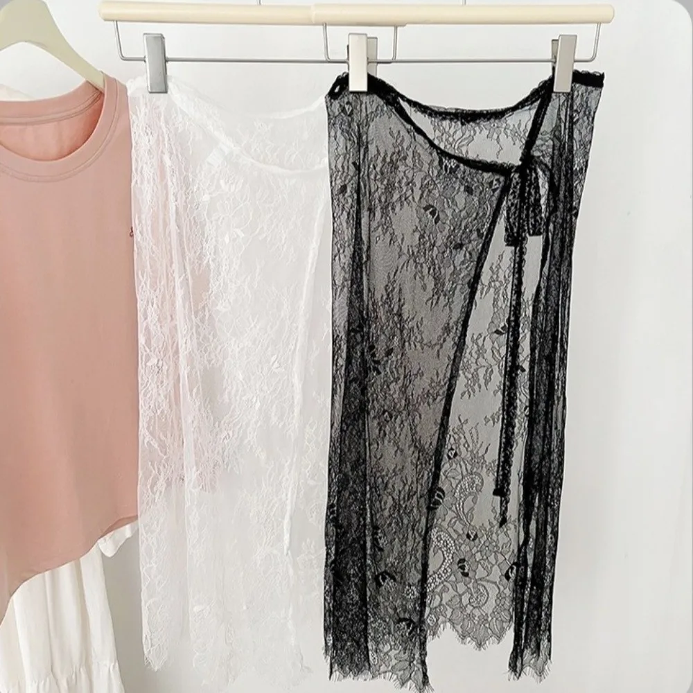 Apron Long Skirt Y2K Lace Petticoat Mesh Flower Lace Underskirt Slips 70cm Transparent Lace-up Midi Dress Girls view 4