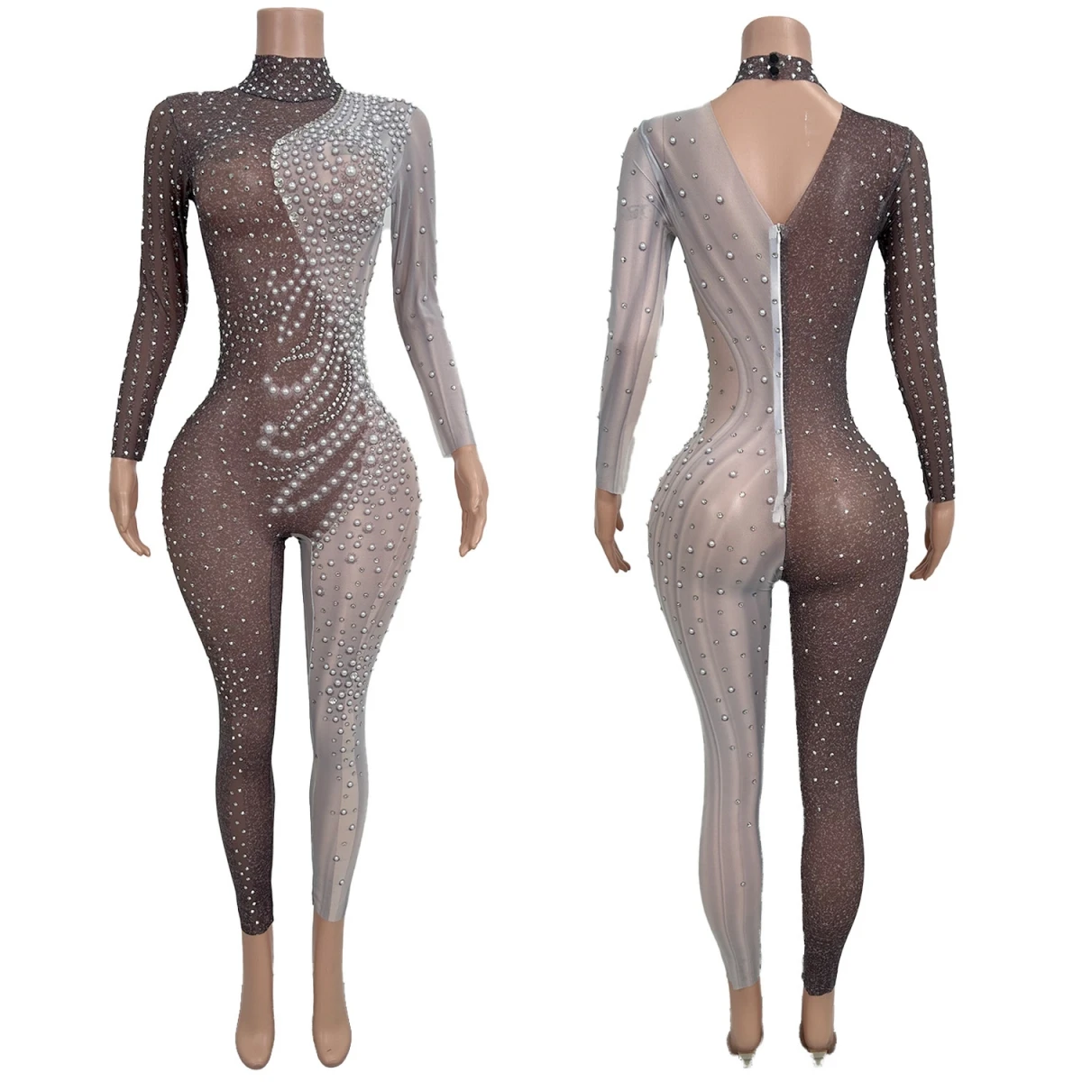 

High-End White Pearl Design One-Piece Suit Sexy Girl Club Bar Dance Performance Costume Sensual Fashionable Ensemble Yinyangku