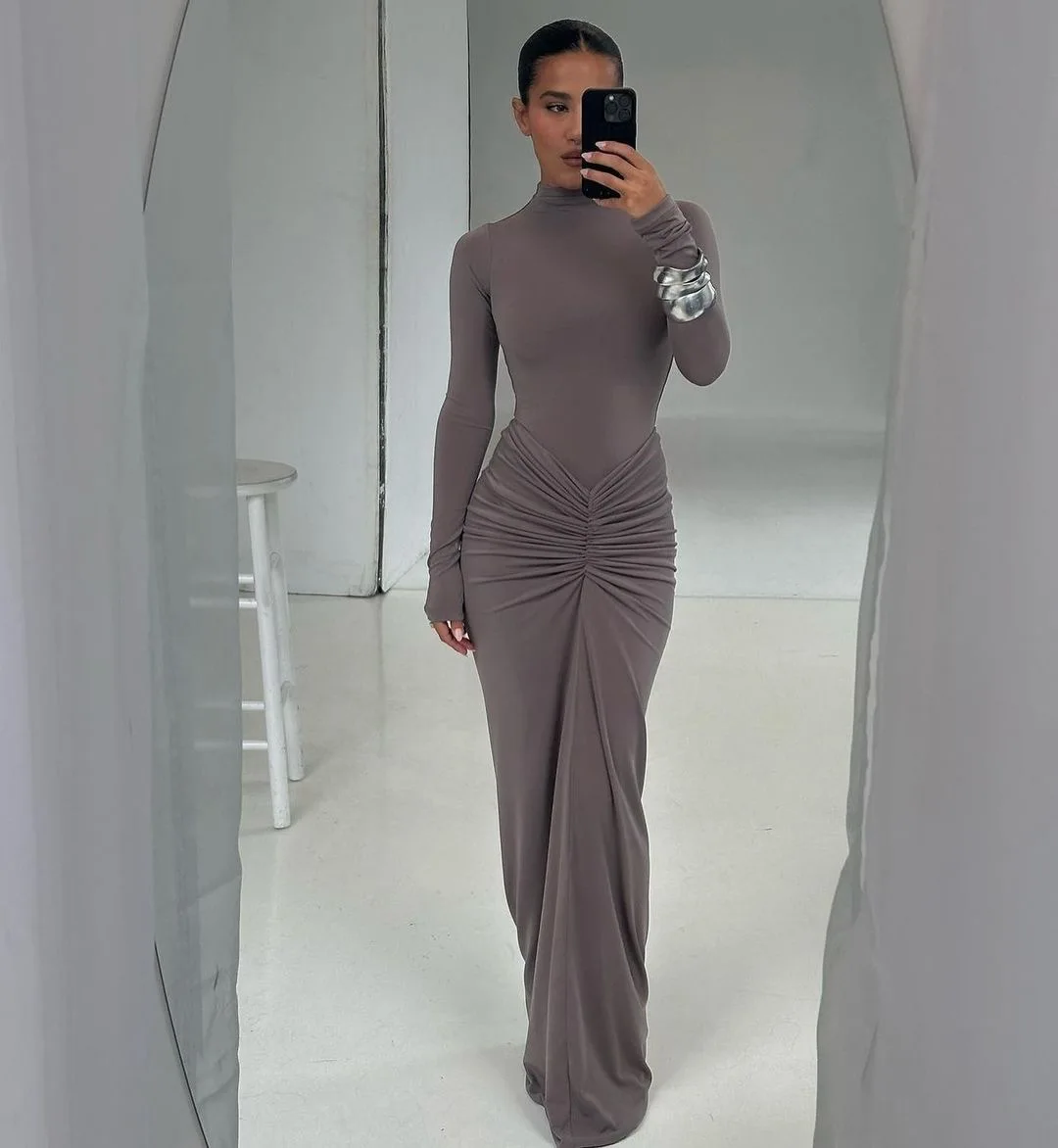 Damen-Herbstkleid, einfarbig, langärmelig, hohe Taille, schlank, Rundhalsausschnitt, Partykleid, Winter 2022, klassisch, dünn, Stretch, lange Robe