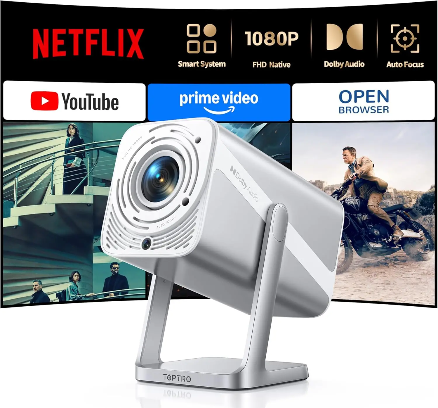 

Smart Projector [Built-in Apps/4K Support/2026 Upgraded] with WiFi and Bluetooth, Native 1080P Outdoor Movie Projector, Auto Foc