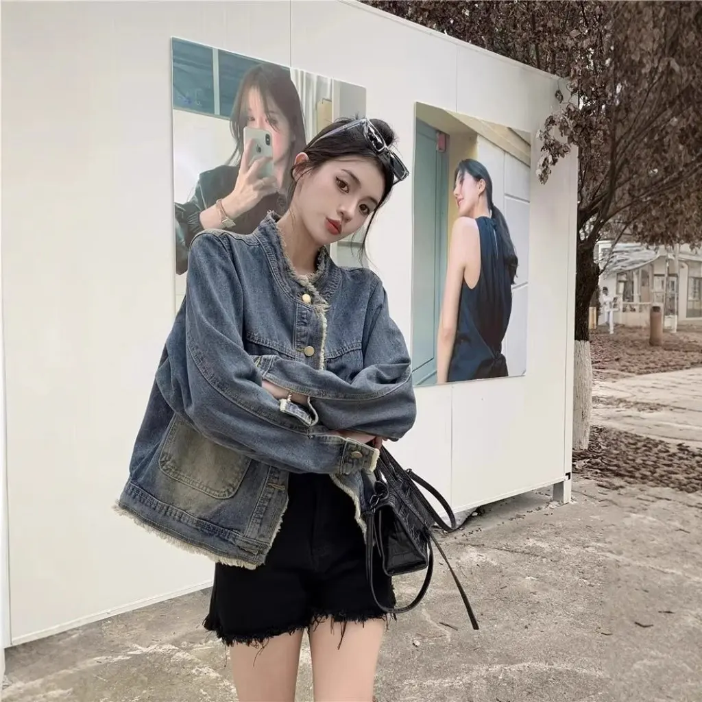 Women's Vintage Design Sense Rust Collar Jacket Loose Slim Fit Denim Jacket for Spring And Autumn Small Men's Style
