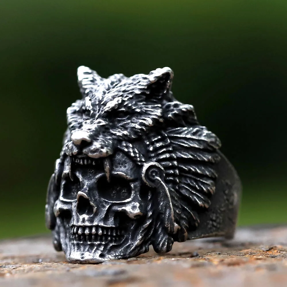 2023 new New Design vintage Stainless Steel skull and Wolf Head viking Ring For Men Special Design fashion punk Jewelry