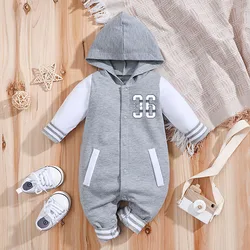 IURNXB Baby Romper Grey Longsleeve Newborn Hooded Baseball Clothes 36 Classic Sport Typography Jersey Kids Infant Jumpsuit 0-18M