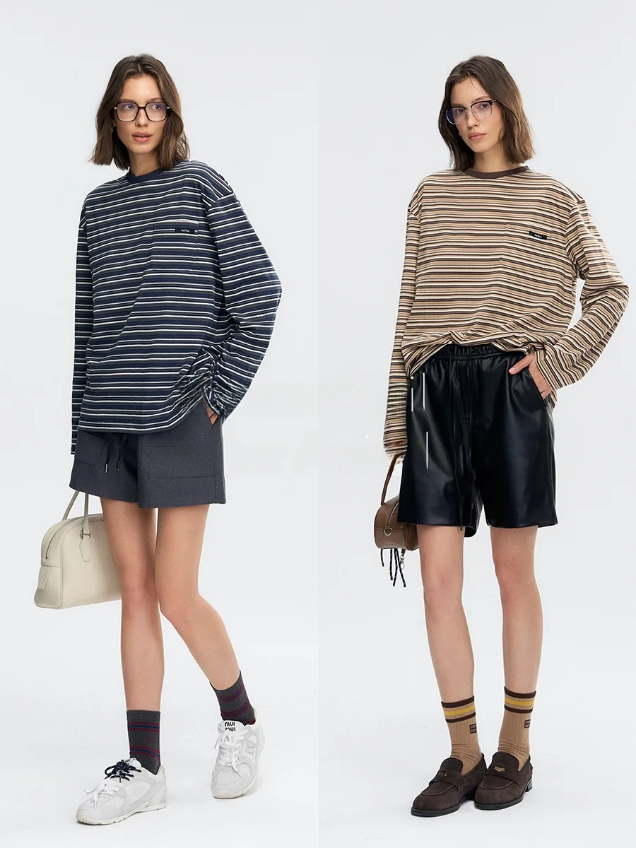 

Женская футболка DeeSicile X SiniNimo в стиле ретро с контрастными цветными полосками, повседневная хлопковая футболка с надписью и длинными рукавами, круглый вырез, топ