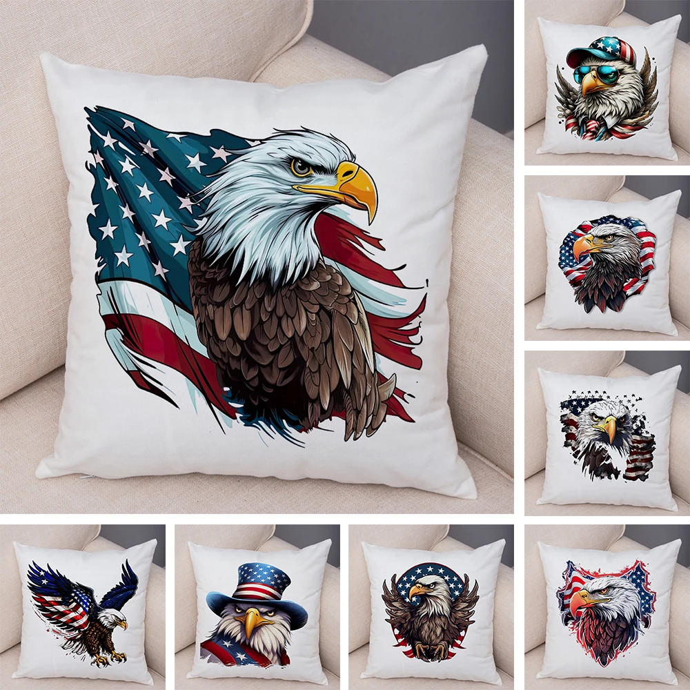 Double Print Cute USA Bald Eagle Cushion Cover Pillowcase Decor Cartoon BirdSuper Soft Plush Pillow Case for Sofa Home Car