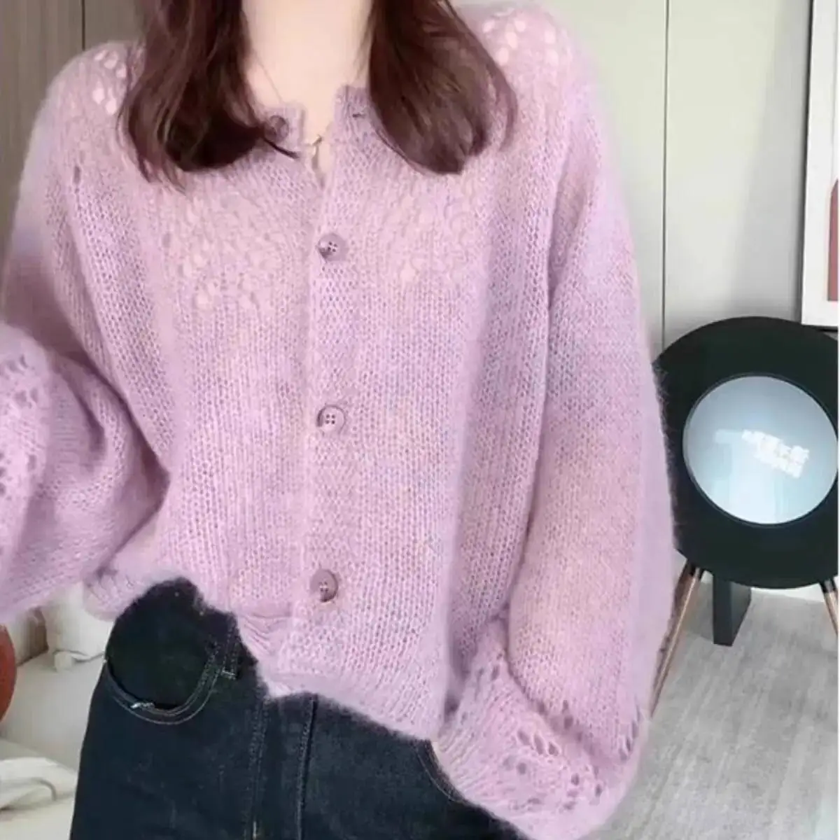 

Women's Knitting Cardigan Sweater 2025 Spring Autumn Long Sleeve Knitted Cardigan Soft Gentle Hollow Out Sweater Top