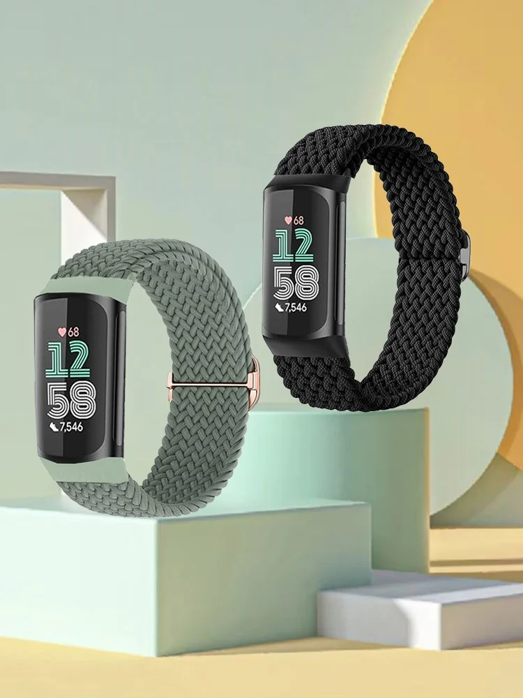 2 Stuks Sport Nylon Gevlochten Band Armbanden Rekbaar Voor Fitbit Charge 5/6 Elastische Band Lus Voor Fitbit Versa 3/4 Smart horloge