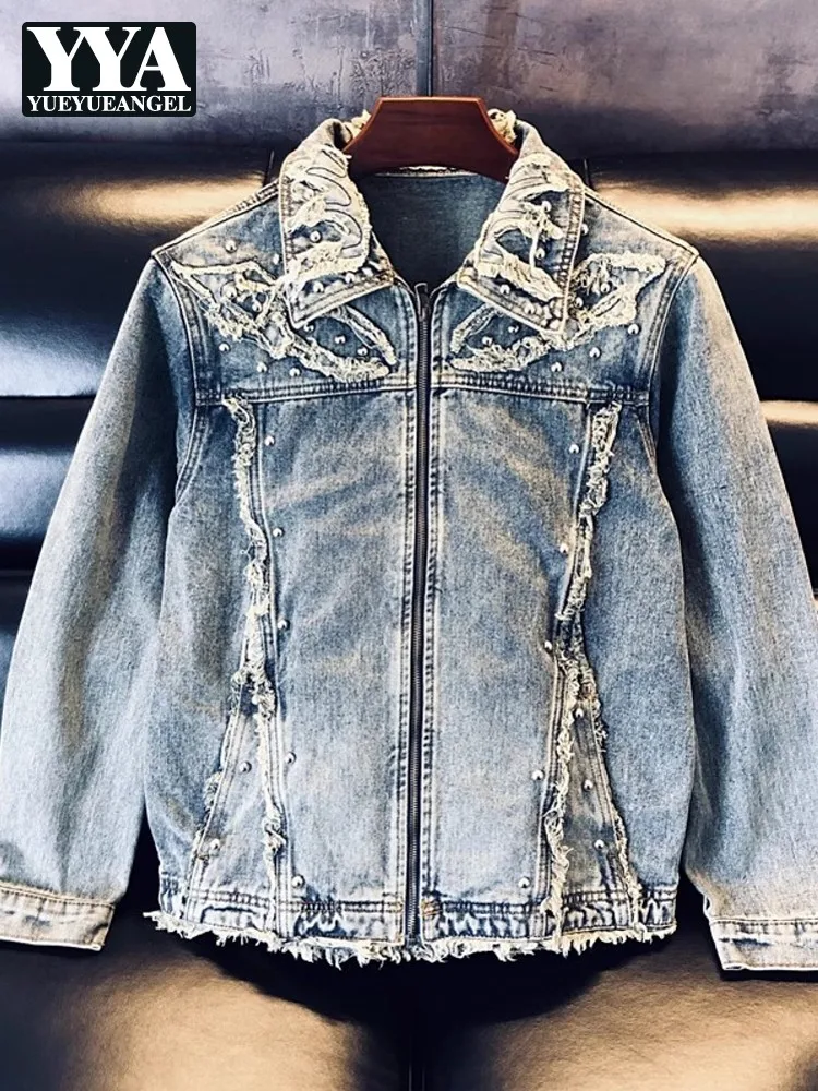 

Loose Fit High-Quality Men Denim Jackets Vintage Patchwork Rivets Turndown Collar Cowboy Jacket Spring Autumn Casual Outerwear
