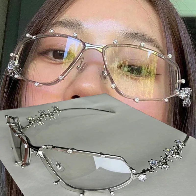 Rhinestone Special-shaped Glasses Women Men Fashion Oversized Cat Eye Glasses Metal Oval Shades Frame Vintage Party Eyeglasses