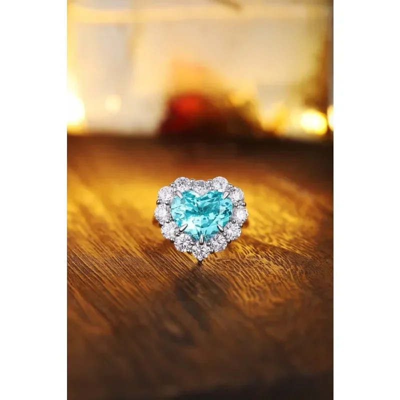 

Ruihe New Custom 925 Silver Ring Heart Shape 6.64ct Lab Grown Paraiba Gems Simulated Diamond Zirconia Women Wedding Jewelry