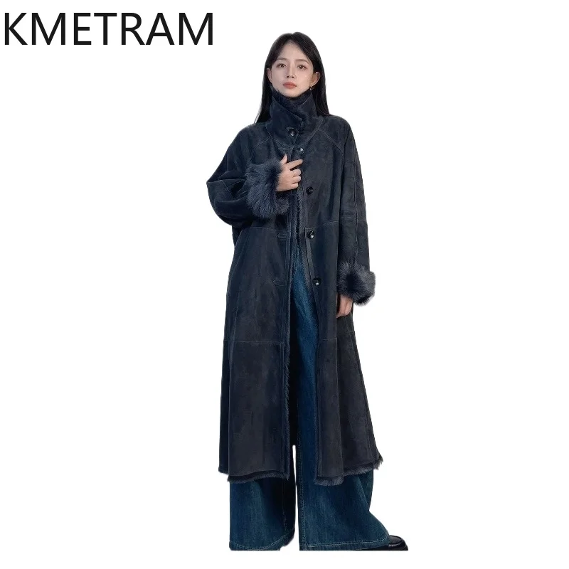 KMETRAM 100% Suede Goatskin with Wool Attached Coats Luxury Long Fur Jacket Winter Warm Fur Coat Woman Clothing 111cm 2026 шуба