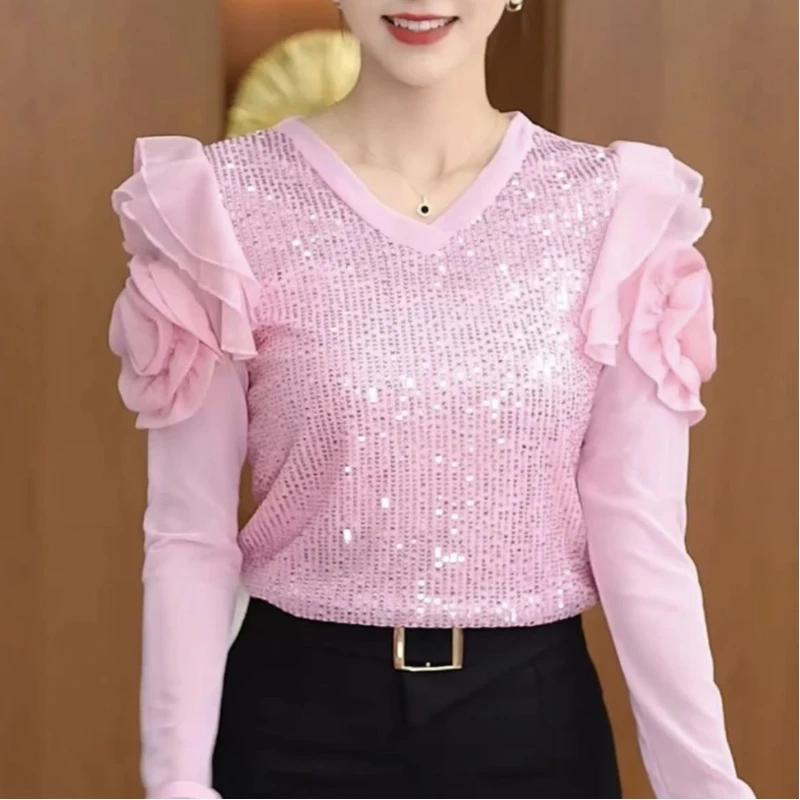 Pink Sequined T-shirt for Women\'s Autumn New Style High-end Temperament Fashionable and Loose Design Base Shirt