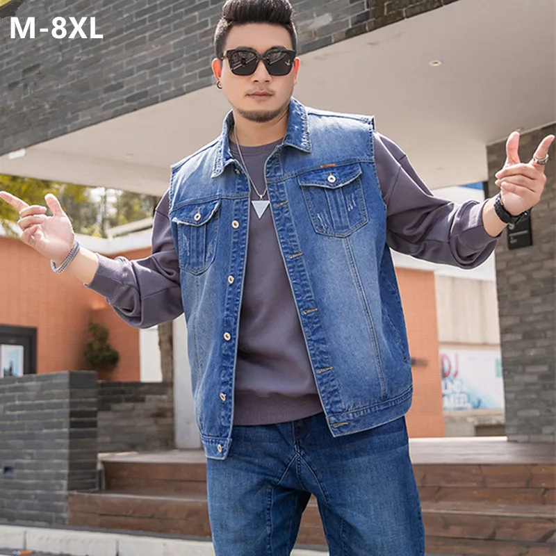 Denim Waistcoat Men Blue Jeans Sleeveless Jacket 7XL 6XL 8XL Autumn Slim Hip Hop Cowboy Male Vest Plus Size Hommes Jeans Veste