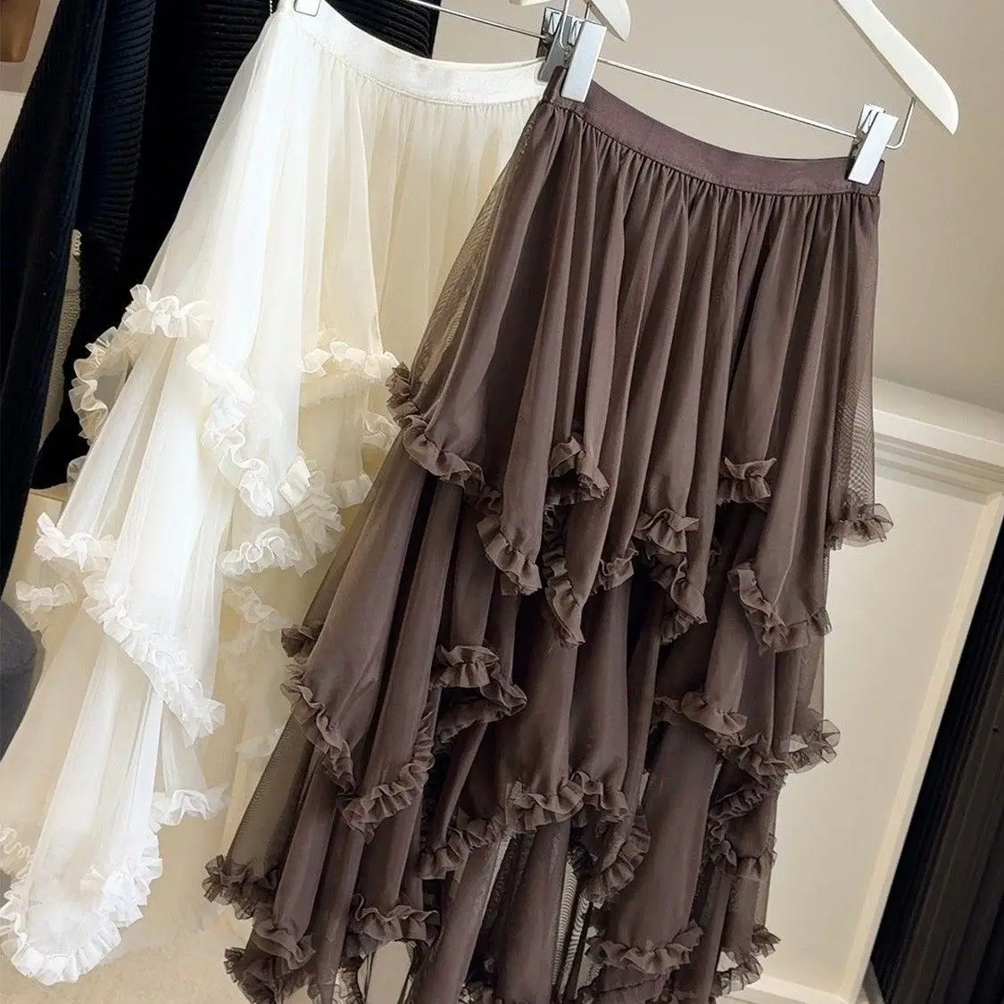 Women's A-Line  Skirt Cake Design Uneven Hem Mesh Layering Thin Fluffy High Waist Polyester Spring Early Casual Style
