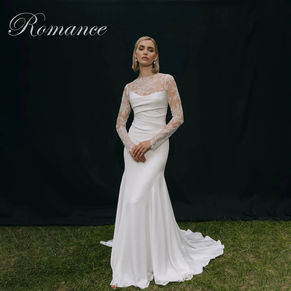 Elegantes O-Ausschnitt-Spitze-Meerjungfrau-Hochzeitskleid mit Spaghettiträgern für Damen, 2026, lange Ärmel, offener Rücken, Falten, Vestidos de Novia, individuell