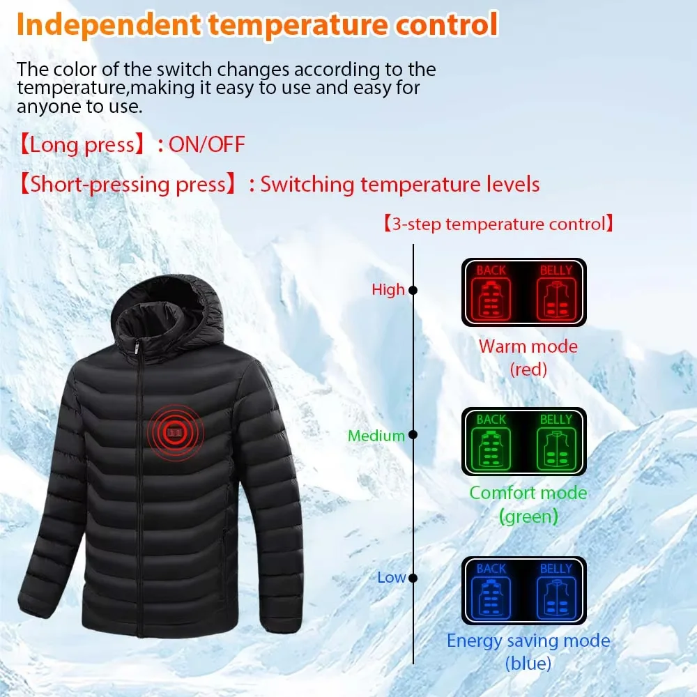 15 منطقة الشتاء سترة قطن ساخنة للرجال/النساء USB الكهربائية سحاب أكمام طويلة بلاكيت مقنعين معطف القطن ذاتية التدفئة #4