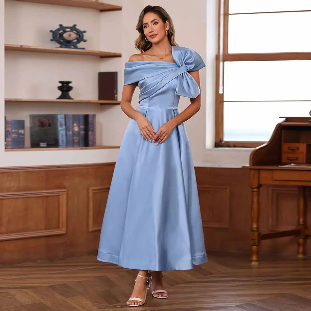 

Modern Women's Cocktail Dresses Satin A-line Wedding Guest Dress Sky Blue One-shoulder Bow Pleat Ruched Mother of the Bride Gown