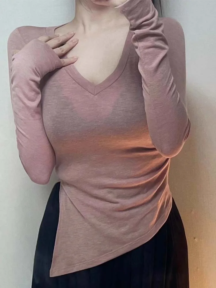 Koszulki z długim rękawem Sexy Deep V Neck Pink Top Asymmetrail Koszulki damskie Basic Slim Tops Woman 2024 T Shirts Odzież damska