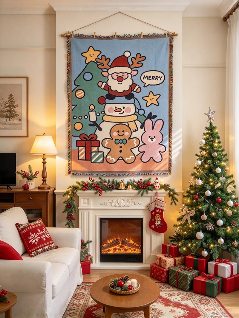 1Pc Christmas Wall Tapestry Jacquard Woven Rectangle Festival Winter Holiday Decoration Bedroom Wall Lovely Cartoon Xmas Style