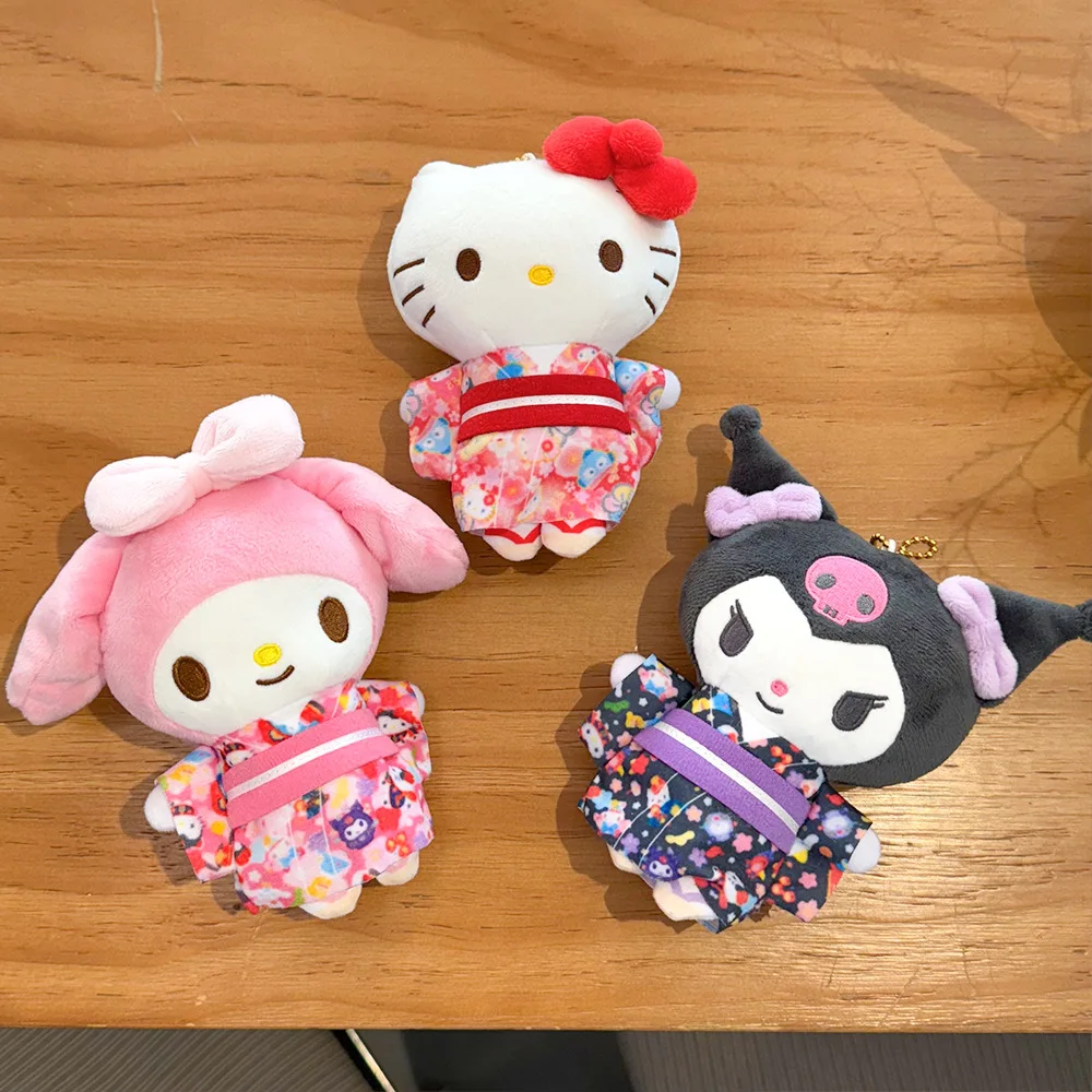 15CM Sanrio Peripherals Hello Kitty My Melody Kuromi Card Kimono Style Plush Doll Pendant Bag Hanging Decoration Birthday Gift