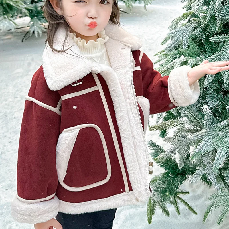 

Fashion Children's Winter Clothing Jacket Girls' Fur One-piece Coat for Autumn and Warm Plush Clothes Kawaii Casual Tops 2025