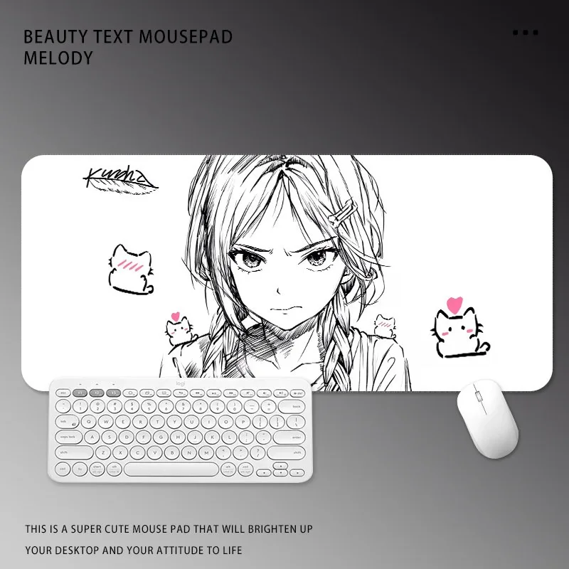 

Cute Anime Girl Sketch Mouse Pad Extended Black And White Desk Mat Kawaii Cat Keyboard Pad For Laptop Gamer Girl Room Decor