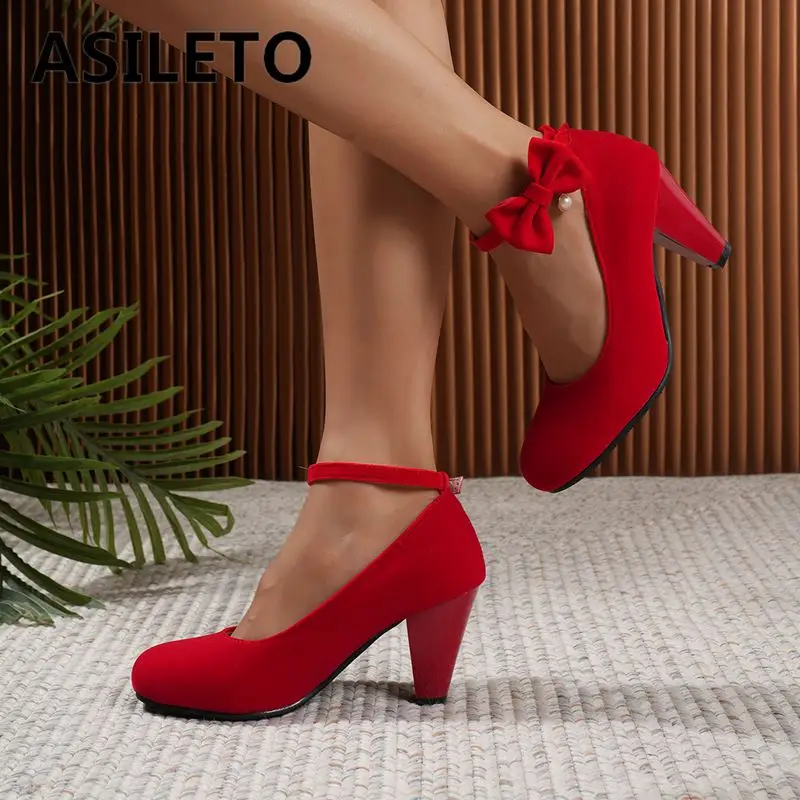 ASILETO Wedding Female Pumps Round Toe Block High Heels 6cm Flock Ankle Strap Bowknot Plus Size 47 48 Sweet Party Shoes