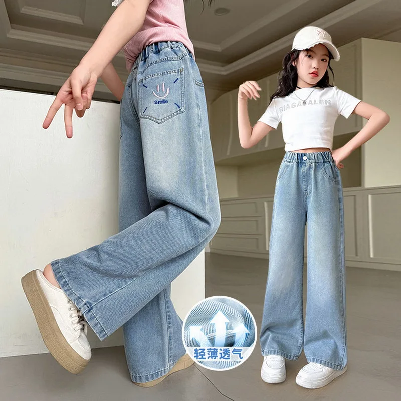 الفتيات الصيف رقيقة الدنيم السراويل 2025 جديد الأطفال مستقيم الساق واسعة الساق الجينز المراهقات سراويل جينز الاطفال ملابس عصرية #3