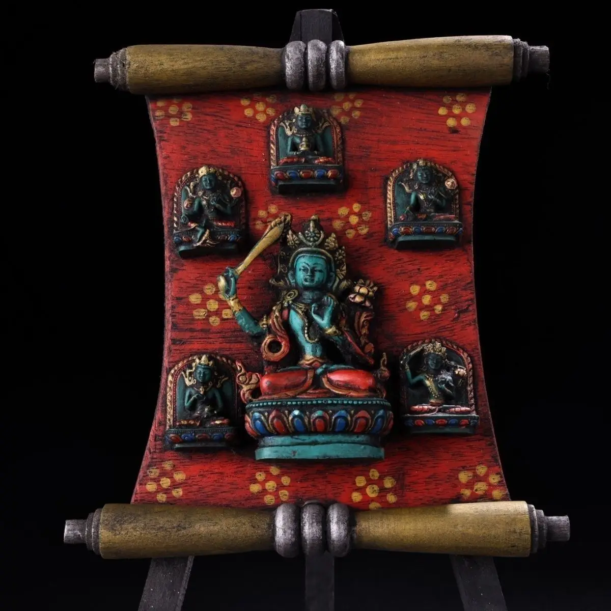 The old collection of Xizang old wood board inlay painted rub Manjushri Bodhisattva Thangka shrine exquisite craftsmanship