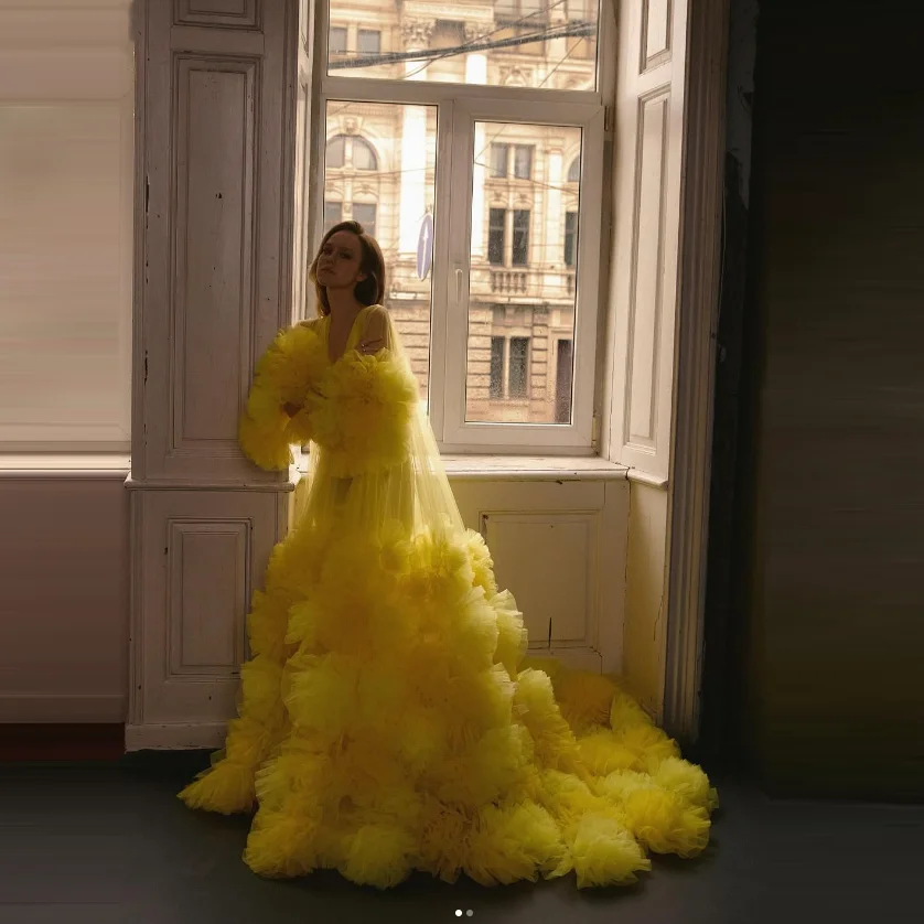 Yellow Sheer Robe Dresses Tulle Rufled Lush Prom Gowns Long Sleeves Women Dress vestidos Layered Party Dress Tiered