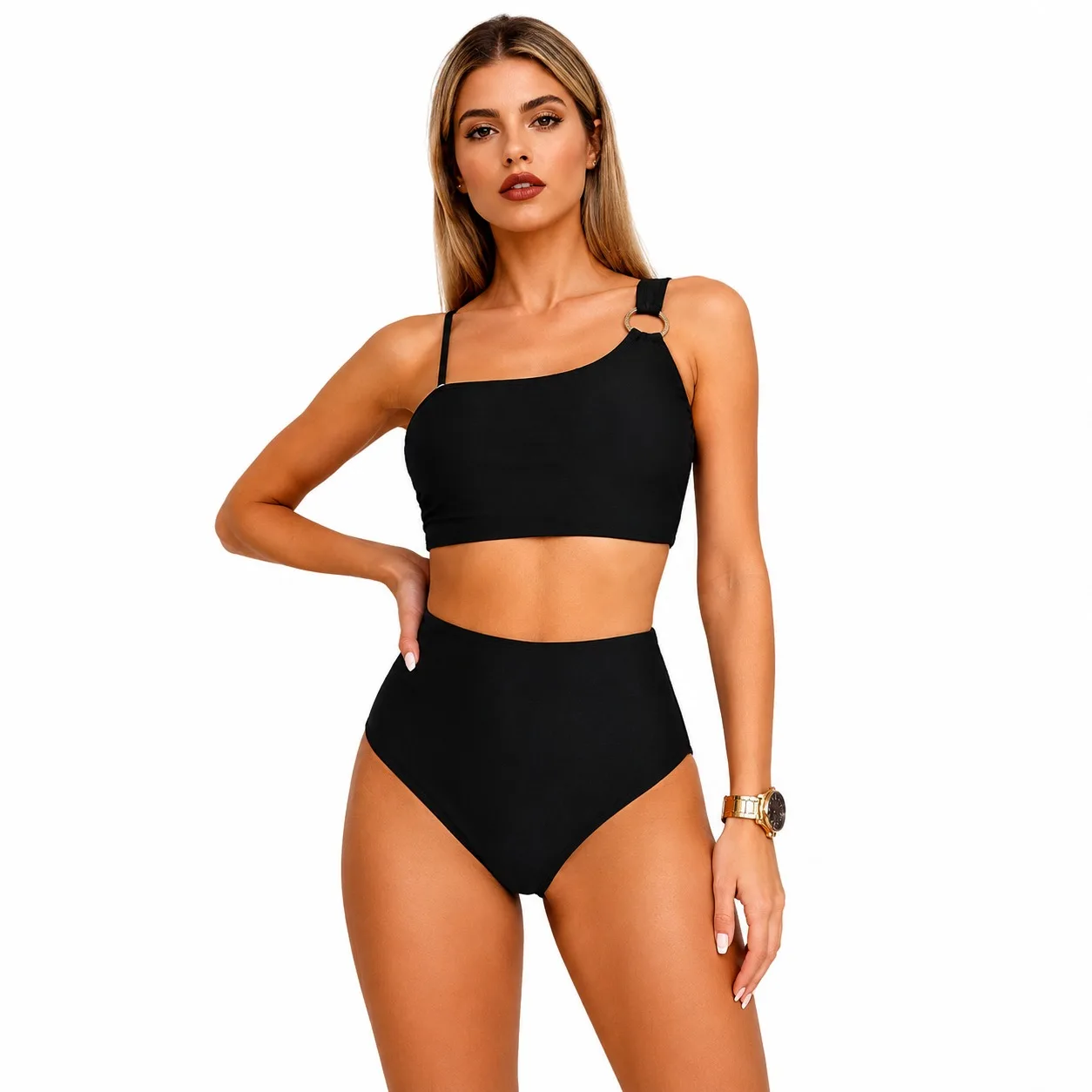 

Women Black One Shoulder Bikini Set Metal Ring Crop Top High Waist Bottom Two Piece Swimsuit Beach Pool Vacation Resort Wear