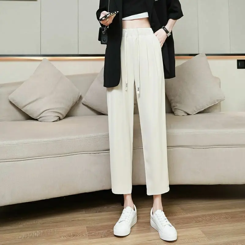 

Women's Summer Ice Silk Harlan Suit Trousers Elastic Waist Slim Loose Drawstring Large Versatile Fashion Casual New in Pants