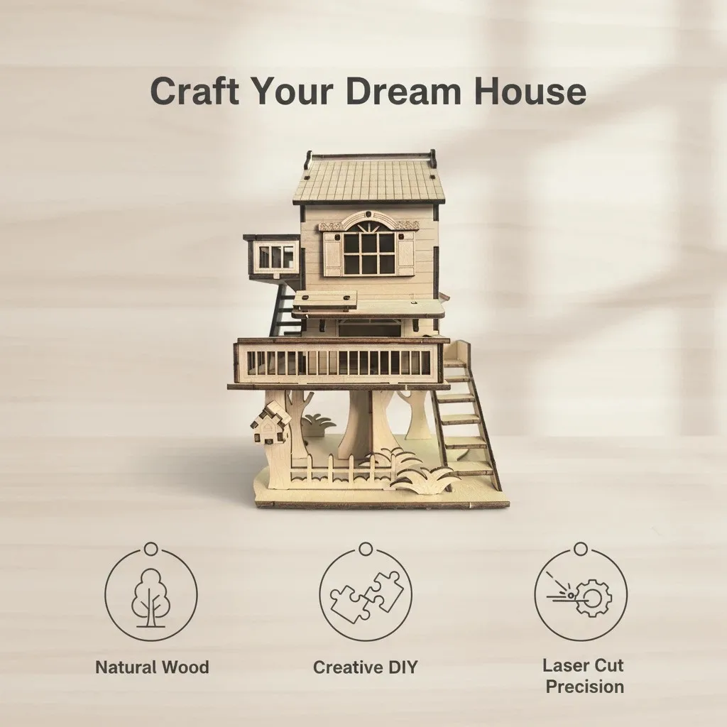 OUZEY Kit fai da te in legno “Festive Tree House” - Decorazione puzzle 3D per finestre, regali di Natale e vacanze