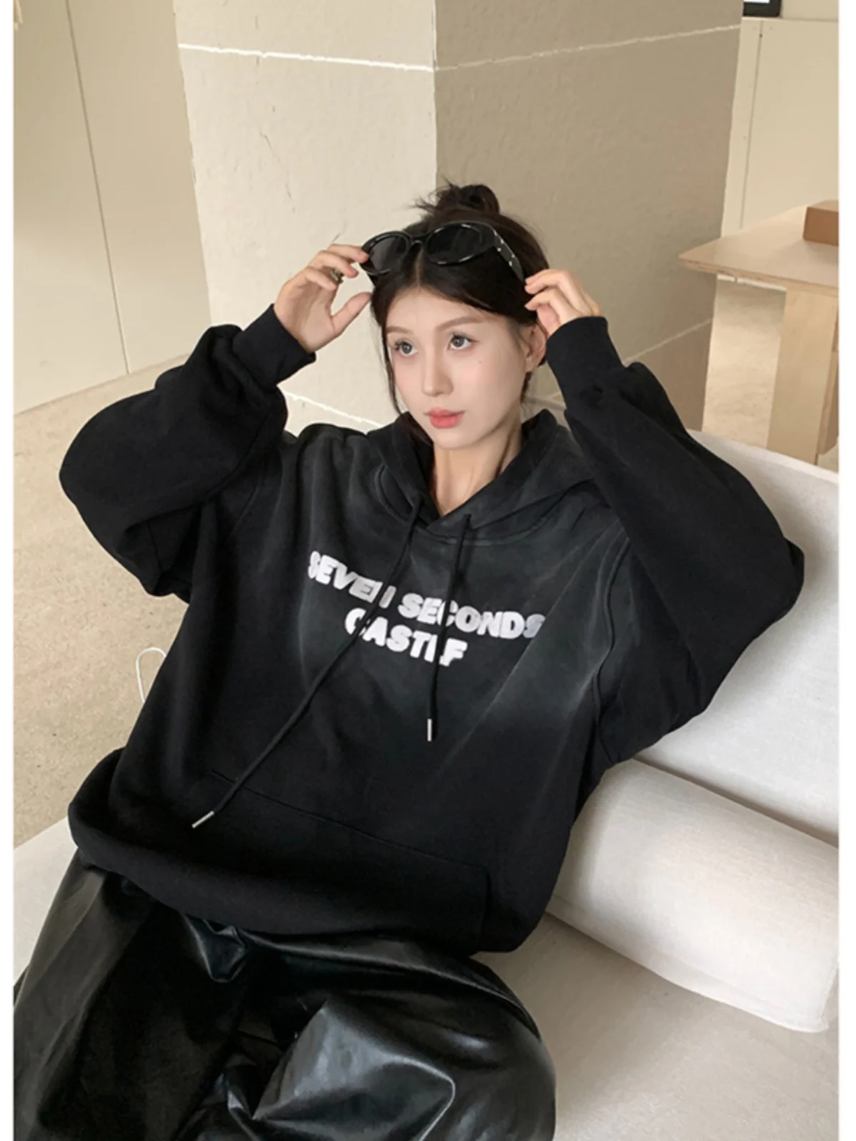 White Autumn Women Clothing Vintage Casual Street Sweatshirt Y2K Letter Printing Pullover Long Sleeves Warm Oversize Ladies Tops