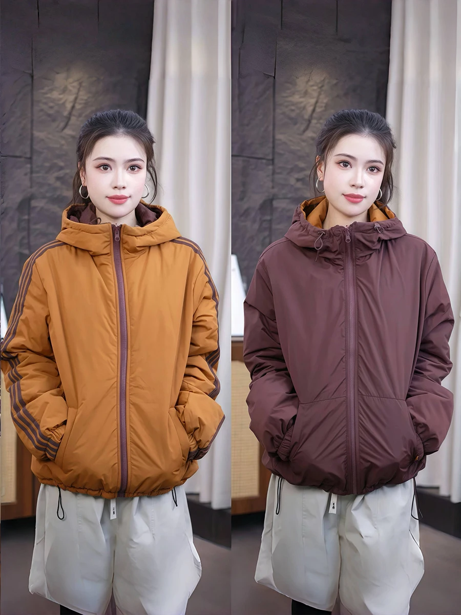 

Двусторонняя хлопковая куртка женская свободного кроя, модная повседневная теплая куртка с капюшоном на молнии, цветная, зима 2025