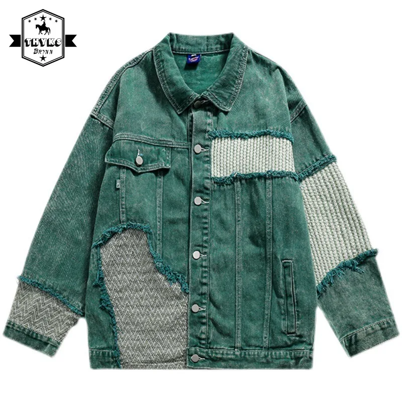 

Mens Vintage Washed Denim Jacket Women Fringed Unisex Patch Harajuku Y2K Jeans Outwear Autumn Split Coat Bomber Jacket Coats