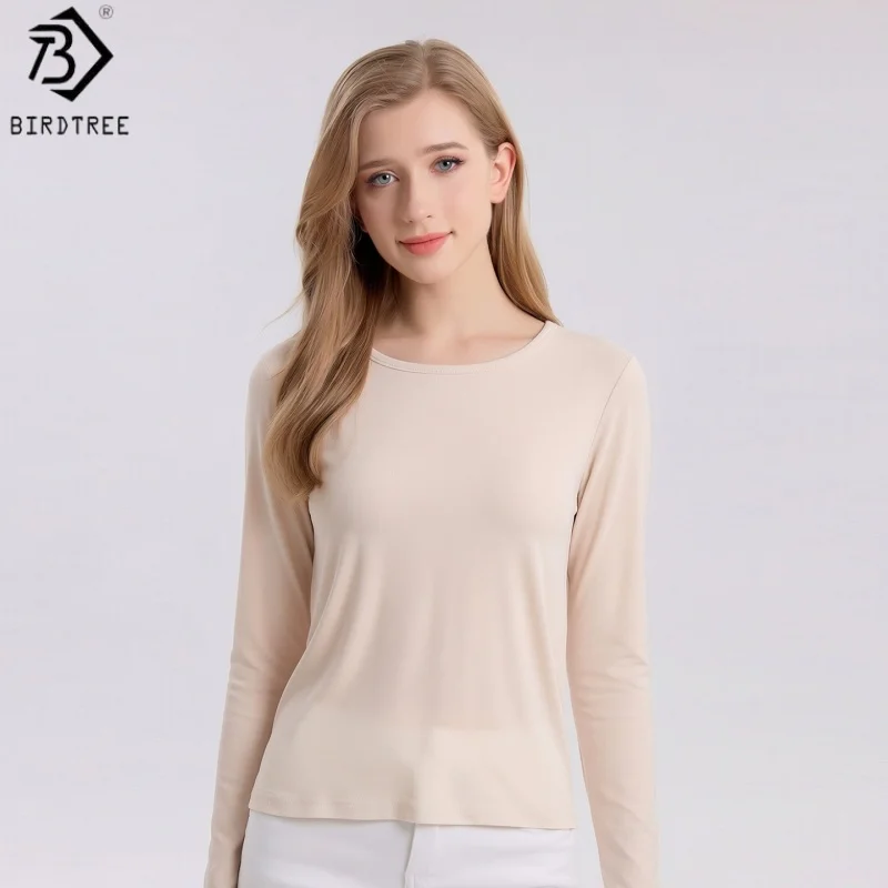 Birdtree, 100% Real Silk Solid Undershirt, Full Sleeve O-neck Basics Tops, Women's Knitted Loose Shirt, 2026 Autumn New T69109JF