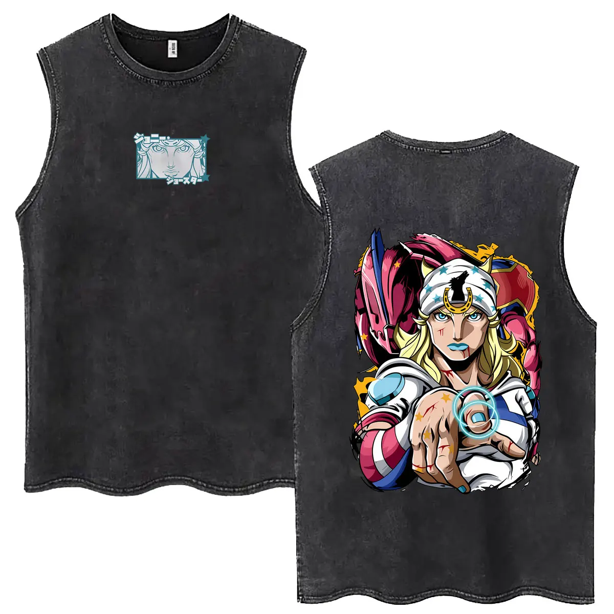 Anime Jojo Bizarre Adventure Steel Ball Run Washed Vintage Tank Tops Gyro Zeppeli Sleeveless Vest Men's Women's Fashion T-shirts view 4