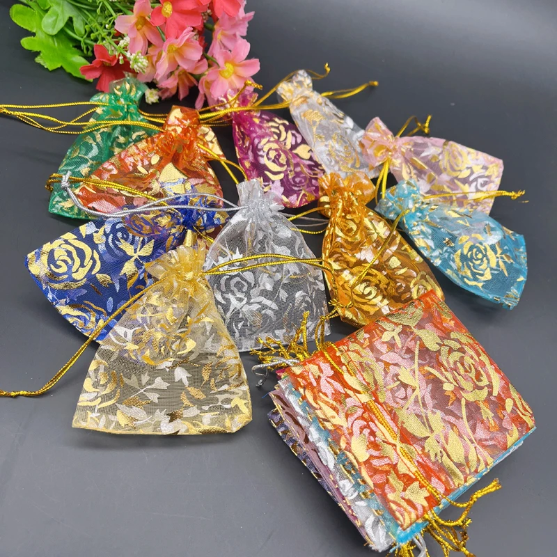 100pcs 7x9 9x12 Sachet Organza Bags Rose Gift Pouches Packaging Wedding Bag Jewelry Storage Bag Drawstring Pouch Small Gift Bags