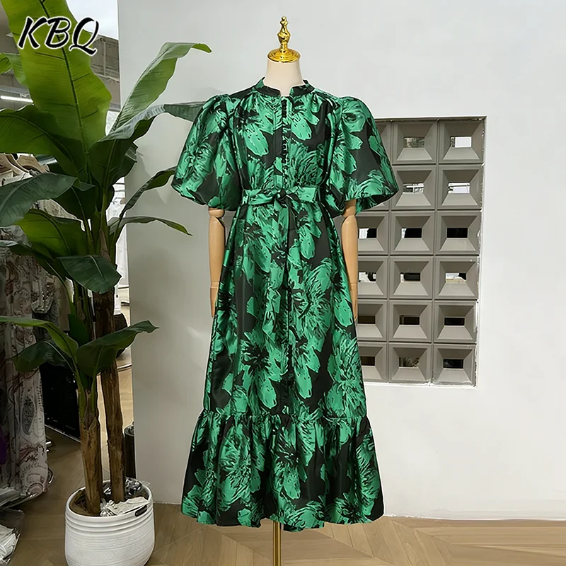 

KBQ Hit Color Floral Printing Spliced Lace Up Tunic A Line Dresses for Women Stand Collar Short Sleeve Temperament Dress Female