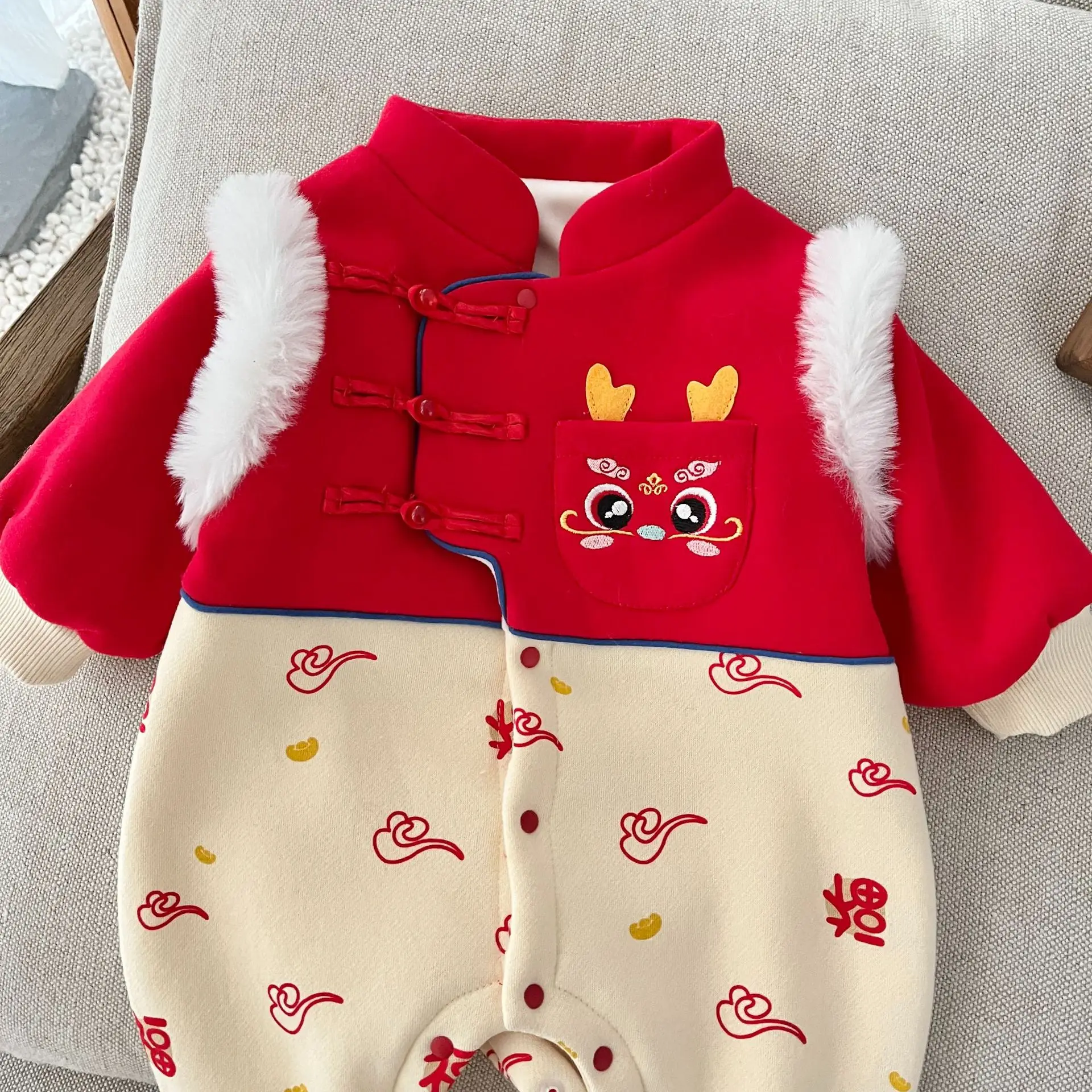 My First Christmas Baby Girl Rompers Long Sleeve Red Fleece Warm Winter Newborn Clothes Chinese New Year Baby Boy Onesies