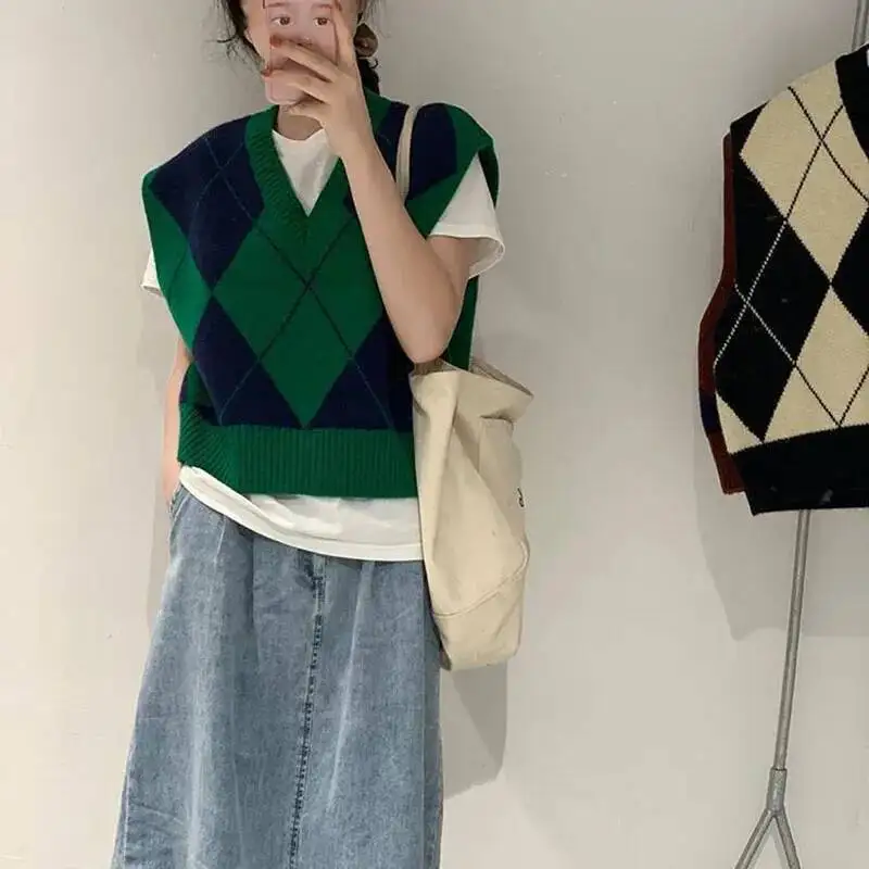 

Корейские укороченные свитера без рукавов, жилет, женские винтажные вязаные жилеты в клетку нестандартной формы, топ, женская мода, свободная одежда, пуловеры