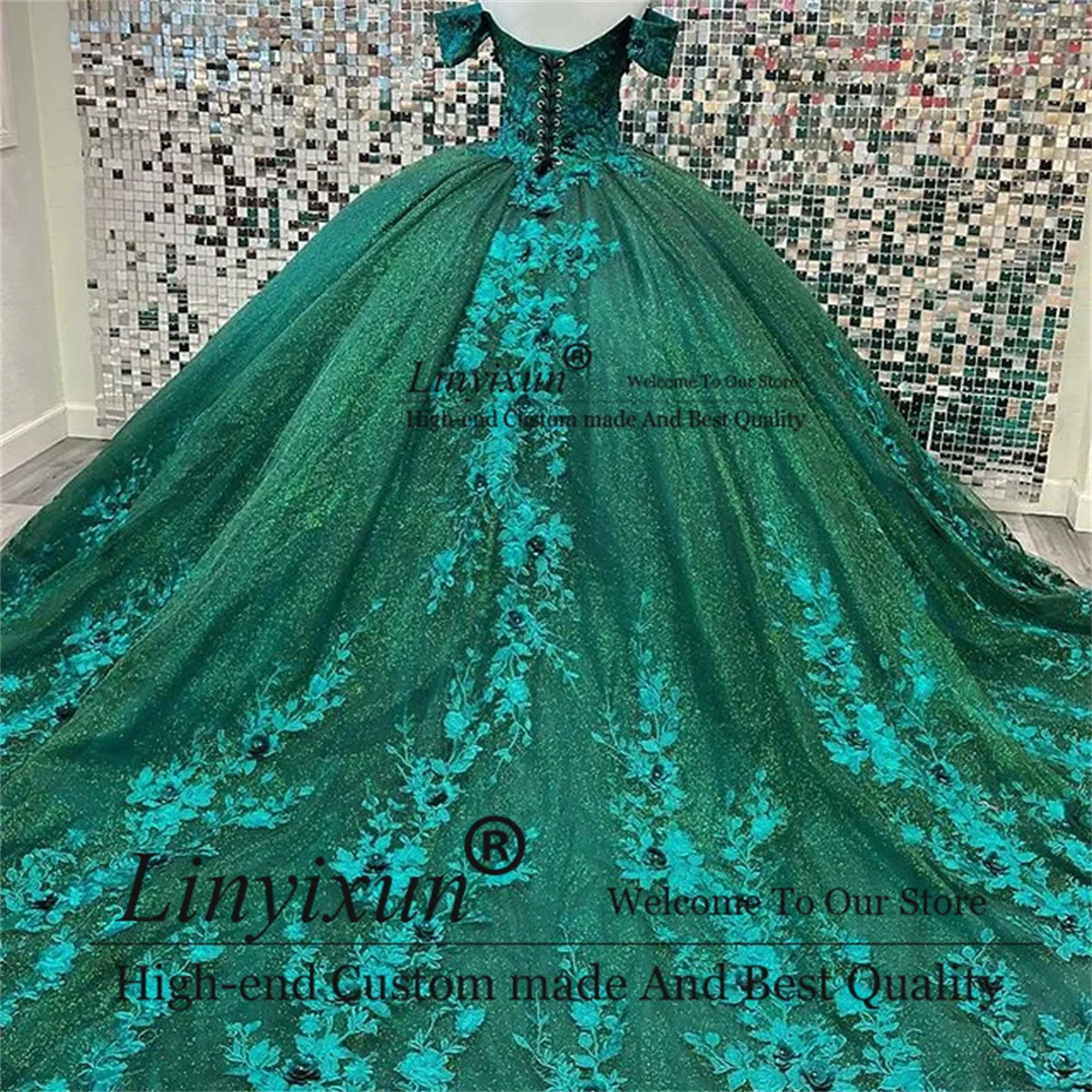 Vestidos de quinceañera verde cazador brillante, flores de encaje, vestido de fiesta sin hombros, tul hinchado dulce 16 vestidos de graduación para niña mexicana