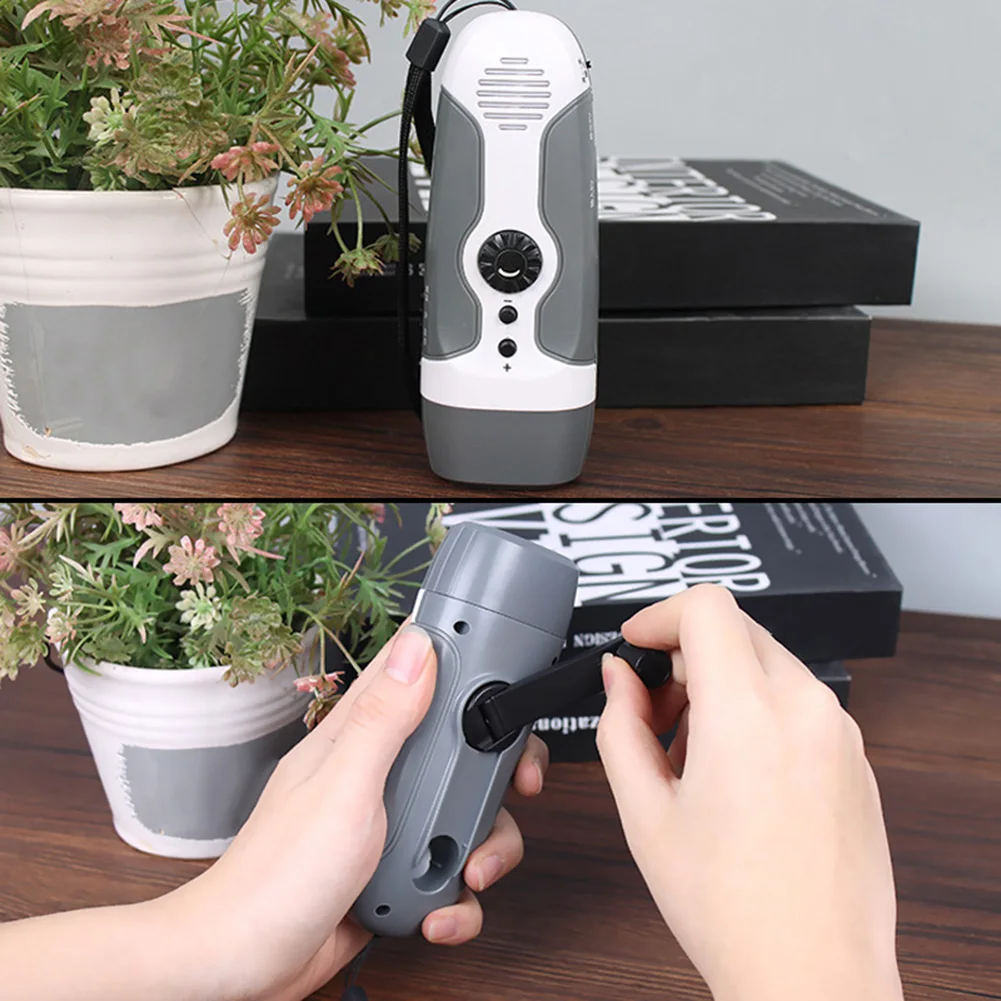 Portable Hand Crank Led Flashlight With Fm Radio Alarm Function Multifunctional Outdoor Emergency Lamp