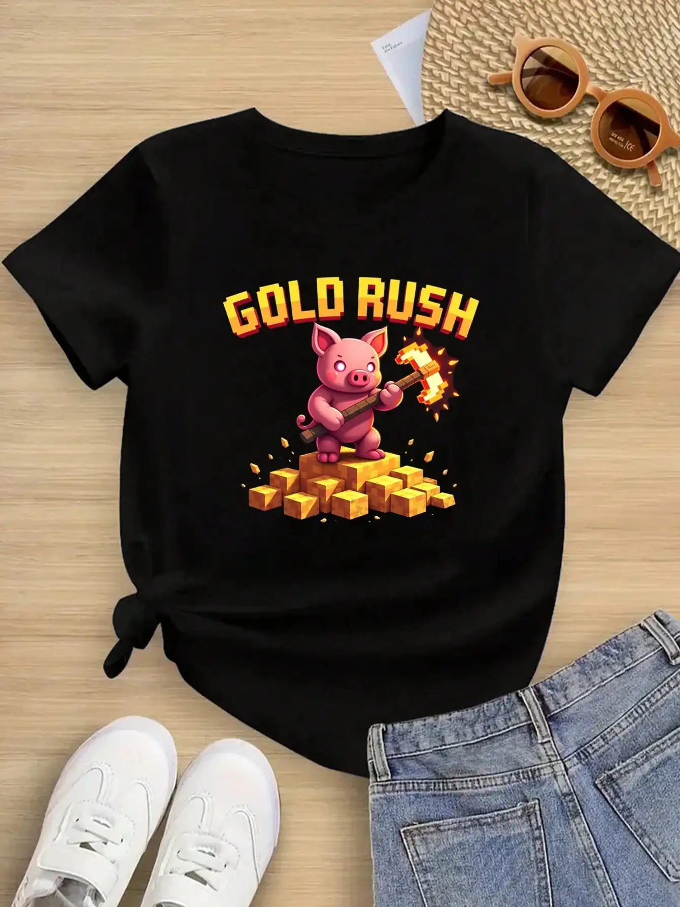 

"Gold Rush" Cotton T-Shirt, Black Tee With Pink Pig And Gold Bars, Comfy & Cute Adventure Art Print Tops