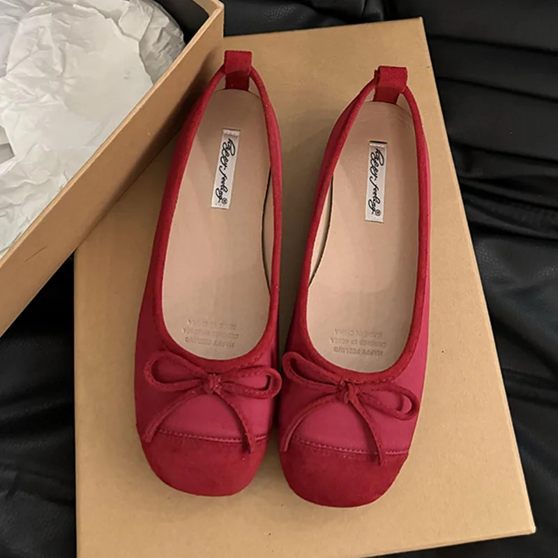 2024 Spring New Red Women Flat Fashion Round Toe Bow-knot Slip On Ballerinas Shoes Soft Flat Ladies Casual Dress Ballet Sh