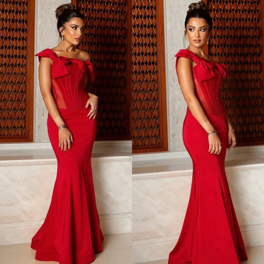 Customized  Exquisite Customized Off-the-shoulder Mermaid Bows Floor Length Charmeuse Evening Dresses