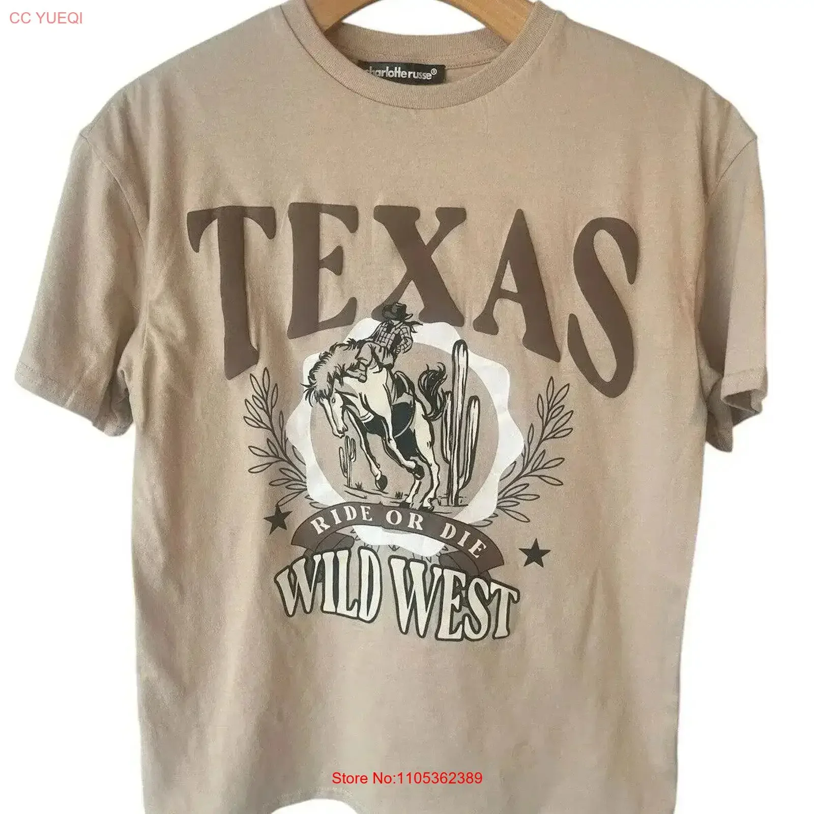 Camiseta Feminina Charlotte Russe XS Bege Texas Rodeo Cowboy NOVA Vintage Lavada Ligeiramente Desgastada Estilo Designer Moda Vintage